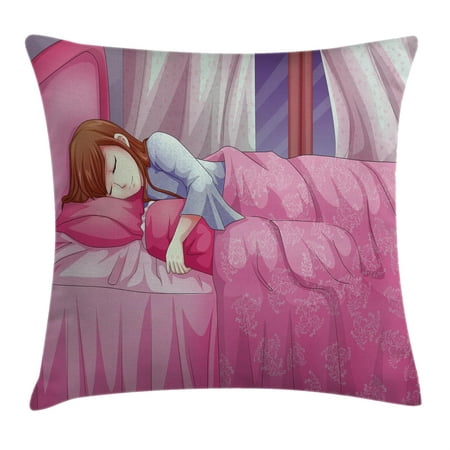 Anime Throw Pillow Cushion Cover, Cartoon Illustration of a Sleeping Girl Japanese Culture Manga Themed Style Artwork Print, Decorative Square Accent Pillow Case, 20 X 20 Inches, Pink, by