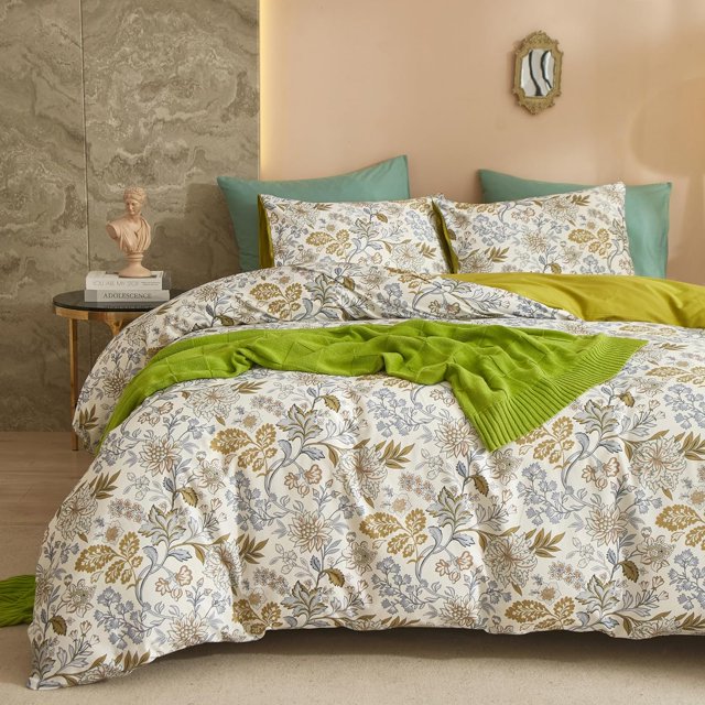 Verde oliva estilo hojas Funda nórdica King Size en blanco 100% algodón Juego de cama