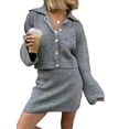 thumbnail image 3 of Womens 2 Piece Sweater Skirt Sets Long Sleeve Collared Button Cardigan Knit Mini Skirt Two Piece Gray M, 3 of 9