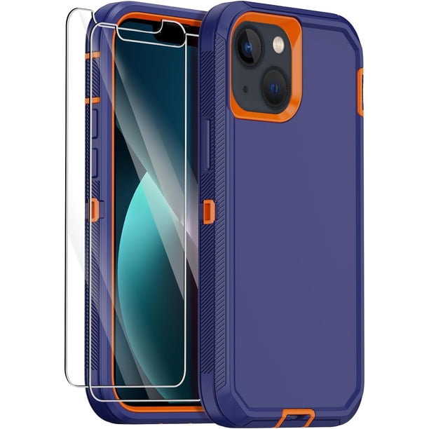 Funda para iPhone 13 con 2 protectores de pantalla, resistente y duradera, de 3 capas, con protección completa contra caídas y golpes, para Apple iPhone 13 de 6.1 pulgadas (azul oscuro/naranja)
