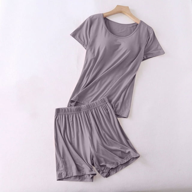 Qtocio Womens Summer Pajama Set,2 Piece Soft Knit Solid Color Tank Top with Padded Bust and Shorts Loose Style Sleepwear