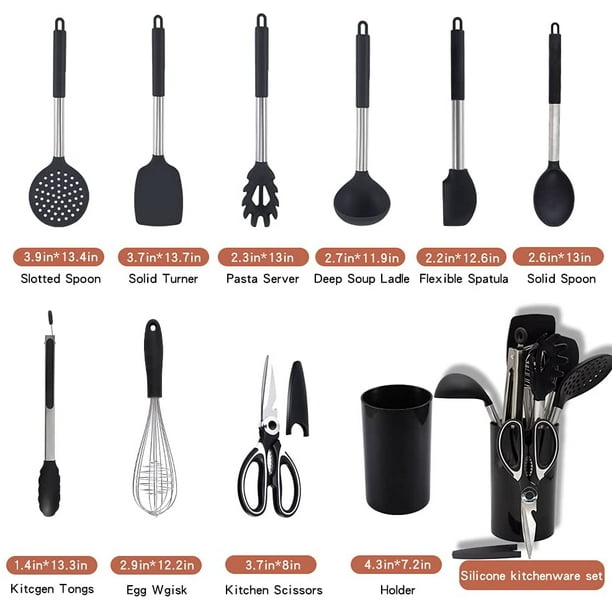 10 ustensiles de cuisine pour la maison, poignée en acier inoxydable,  outils de cuisson antiadhésifs en silicone résistant à la chaleur, ensemble  d'ustensiles de cuisine sans Bpa (noir) 