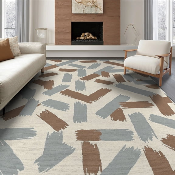 ODIKA 8'x10' Washable Area Rug Non-Slip Chair-Friendly Mat Tan Asymmetric Navy Motif Contemporary Shapes Teal Geometric for Dining Room, Large Office, Lounge