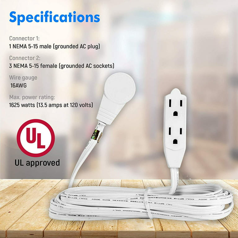 Maximm Cable 15 Ft 360° Rotating Flat Plug Extension Cord/Wire, 16 AWG  Multi 3 Outlet Extension Wire, 3 Prong Grounded Wire - White - UL Certified  