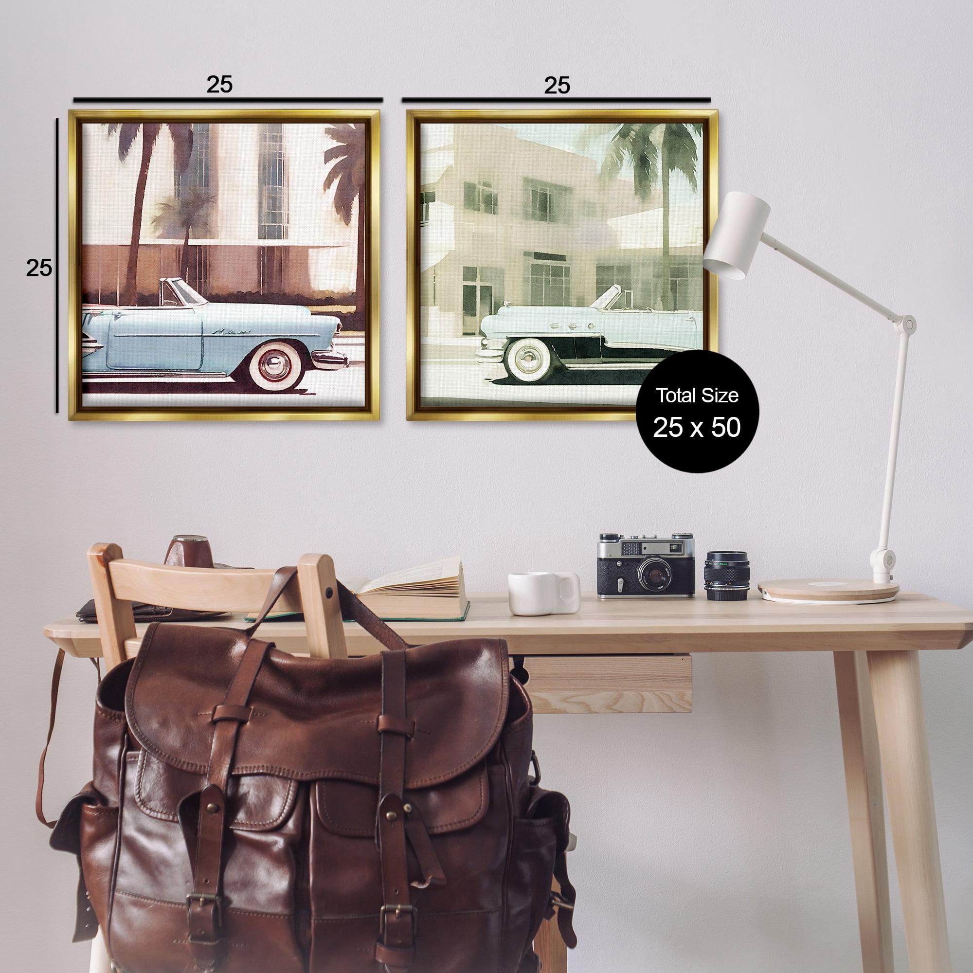 Stupell Industries Miami Cars in Summer Transportation Photography Gold Floater Framed Canvas Art Print Wall Art, 25 x 25, Set of 2