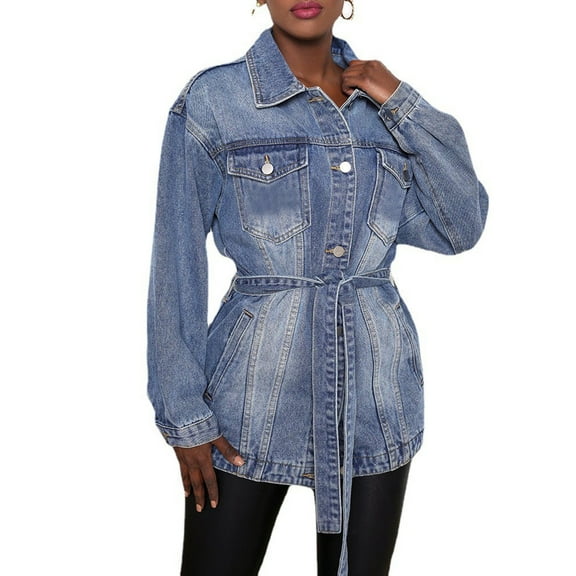 OSFVNOXV Long Denim Jackets for Juniors with Belt,Fall Trendy Blue Jean Jackets with Multi-Pockets,Stretch Fit Distressed Motorcycle Jackets