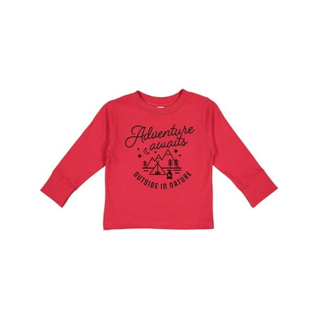 

Inktastic Adventure Awaits Outside in Nature with Tent and Mountains Gift Toddler Boy or Toddler Girl Long Sleeve T-Shirt