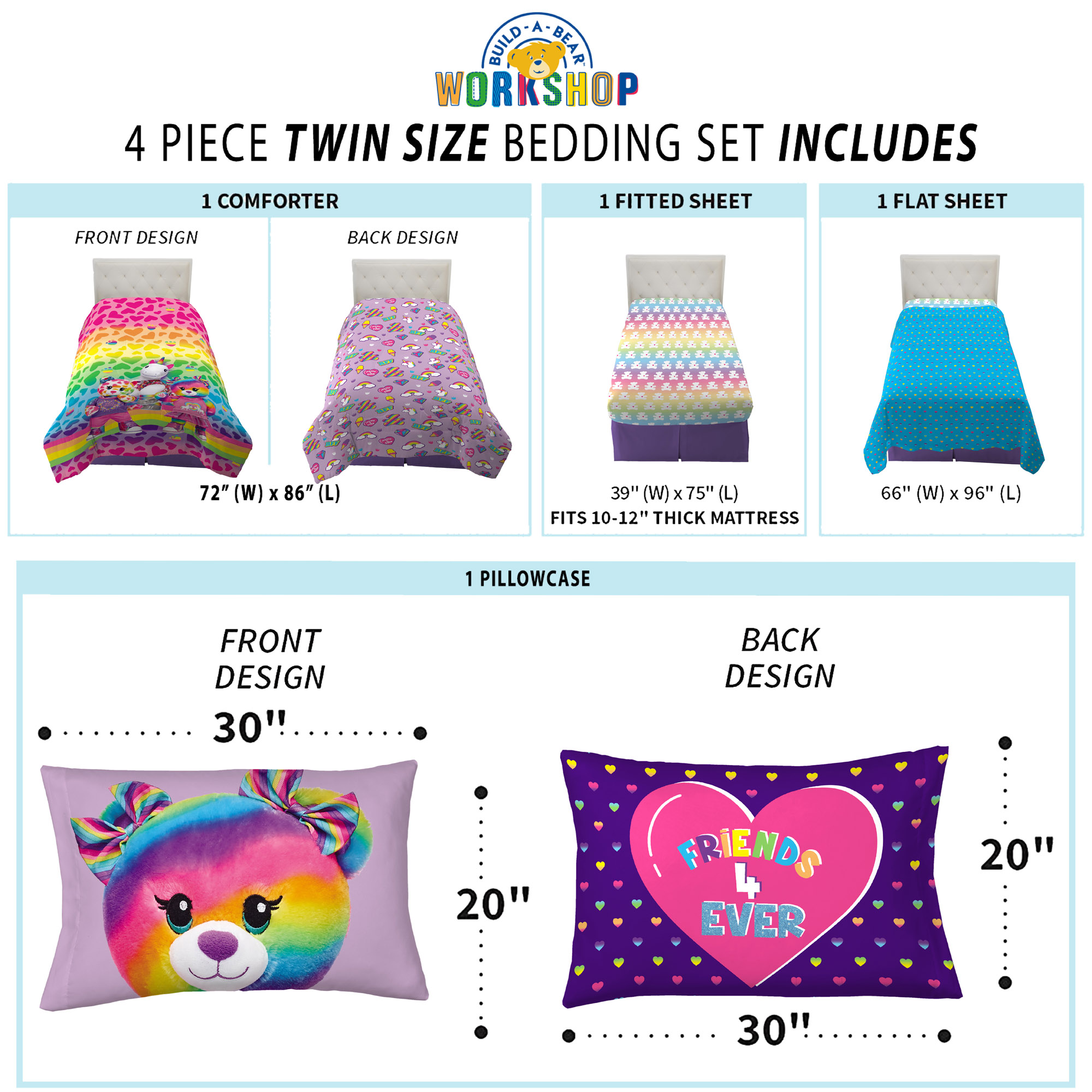 Build-A-Bear Workshop Kids Twin Bed in a Bag, Comforter and Sheets, Multicolor - image 4 of 10