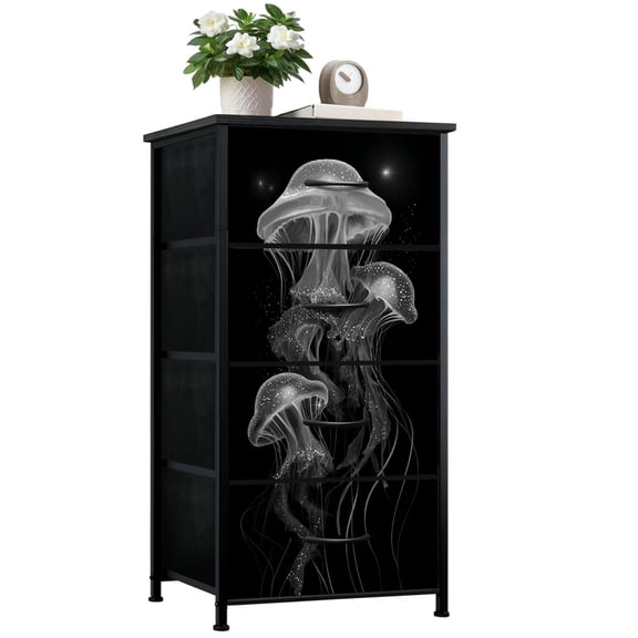 Gothic Dresser for Bedroom with 4 Storage Drawers Glowing Jellyfish Ethereal Bioluminescent Tentacles Black Dressers Chest of Drawers Steel Framed Fabric Closet Organizers for Entryway Kids Women