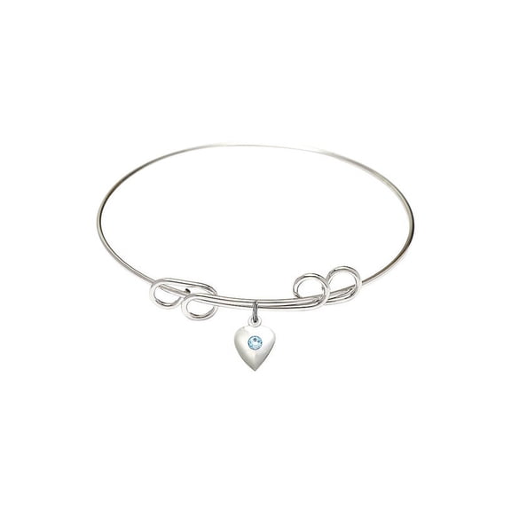 8 inch Round Double Loop Bangle Bracelet w/ Heart medal charm w/ March Blue Swarovski Crystal