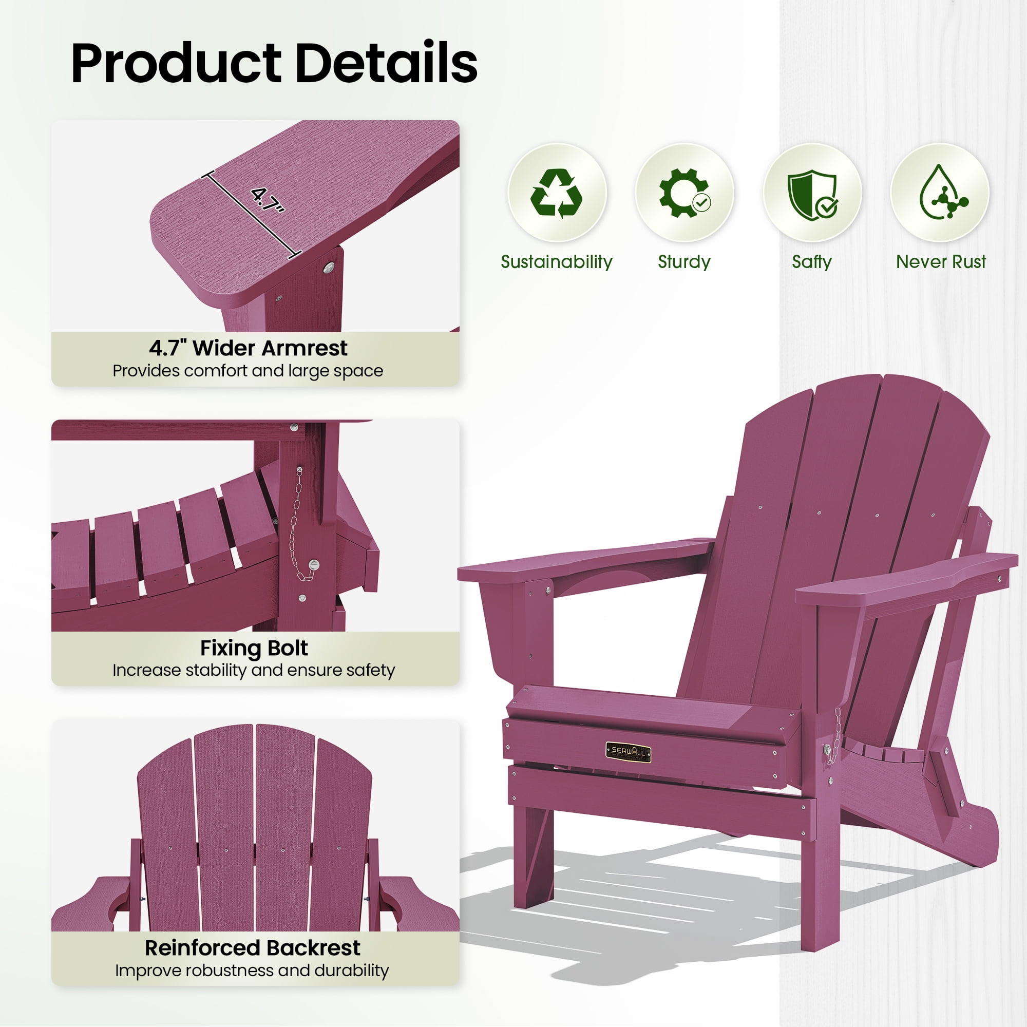 SERWALL Foldable Adirondack Chair Set of 2, Weather Resistant Adirondack Chair for Patio Garden Outdoors Fire Pit - Berryred