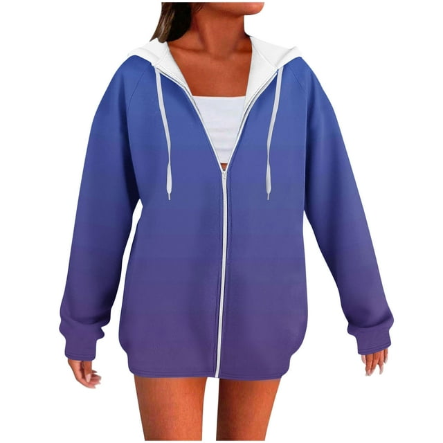 WRKEKC Womens Zip Up Hoodie Gradient Print Raglan Sleeve Hooded Sweatshirt with Drawstring Side Pockets Long Sleeve Fall and Winter Outerwear