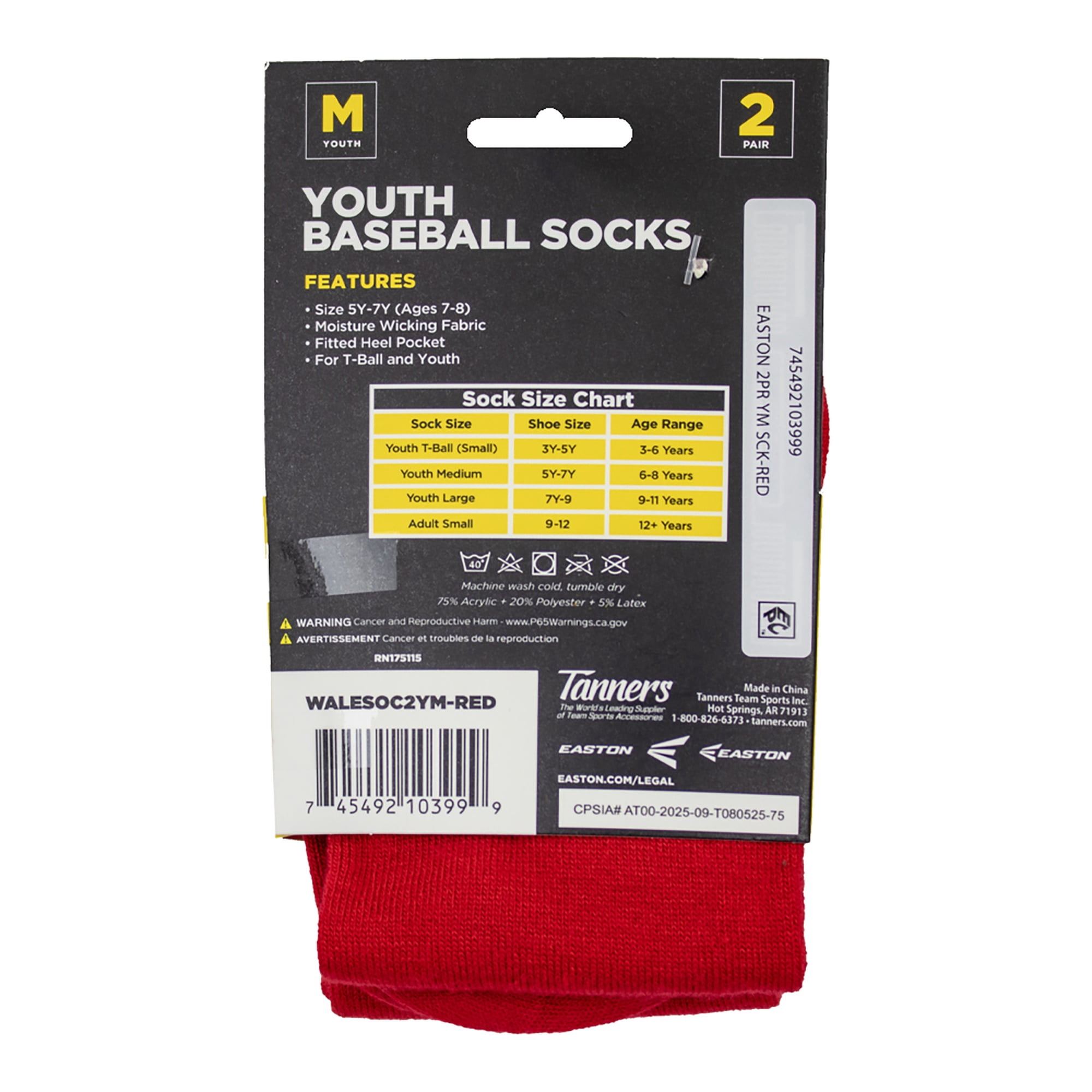 Easton Youth Baseball Socks, 2 Pair (Youth Medium/Red)