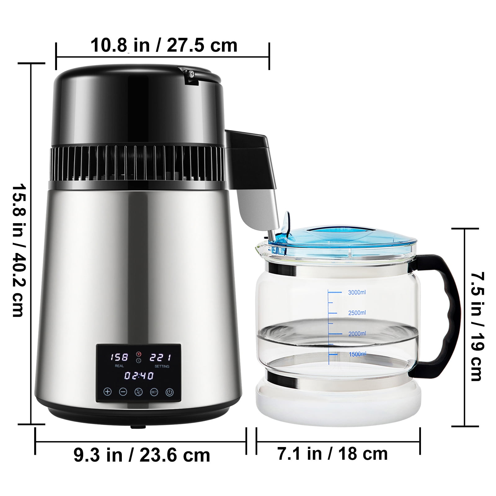 KFFKFF 1.1 Gallon Still, 0.4 gph, 1750 Watt Still 0-99 Hour Scheduler Dual Temperature Display, 304 Stainless Steel Countertop Distilled Water Bottle Cleaning Powder 3 Pack Carbon, Silver