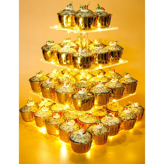 VDOMUS 4 Tier Cupcake Stand with LED String Lights, Dessert Tree