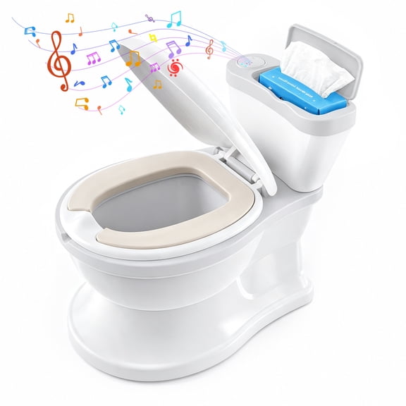 FVLOENG Toddler Potty Training Seat Toilet Flushing and Cheering Sound , Wipes Storage, with Soft Cushion Removable Bowl Easy to Clean for Boys & Girls Ages 18 Months White