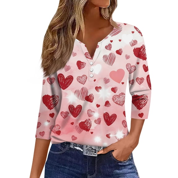 Valentines Shirts Women Plus Size Loose 3/4 Sleeve T-Shirts Funny Love Hearts Graphic Tunic Tops Casual Button V Neck Pullover Holiday Three Quarter Length Blouses Red XL