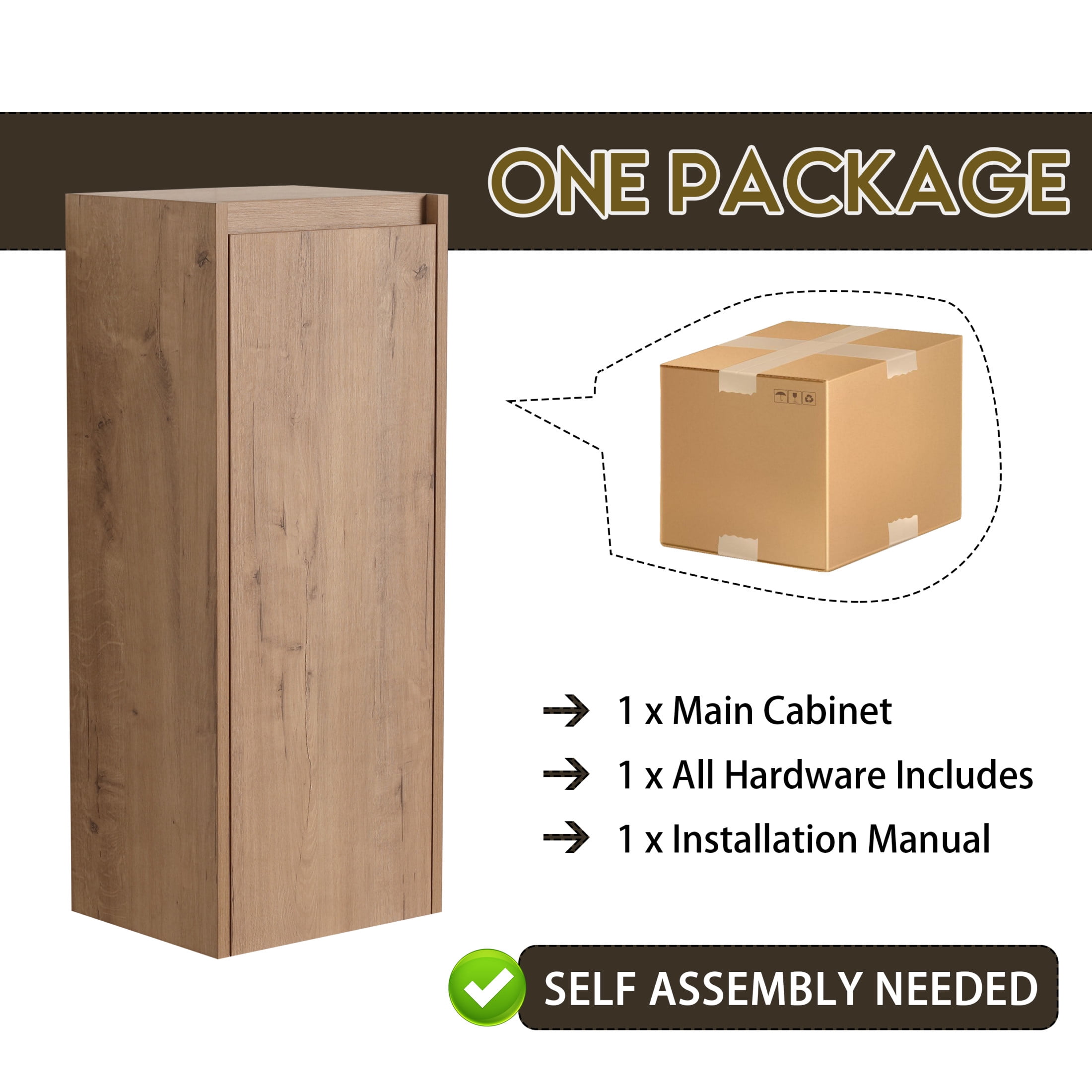 Noble House 12" Wall-Mounted Bathroom Side Cabinet, Plywood Floating Storage, Hidden Handle, Imitative Oak
