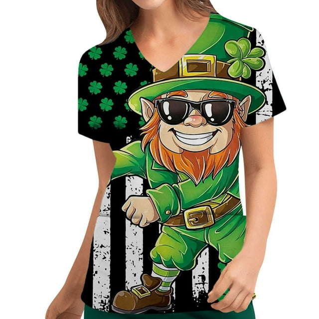 EGNMCR Sarraus pour Femmes Mode Femmes Impression de la Saint-Patrick Manches Courtes Col en V Hauts Uniforme de Soins Infirmiers de Travail Cadeaux de la Saint-Patrick pour Femmes