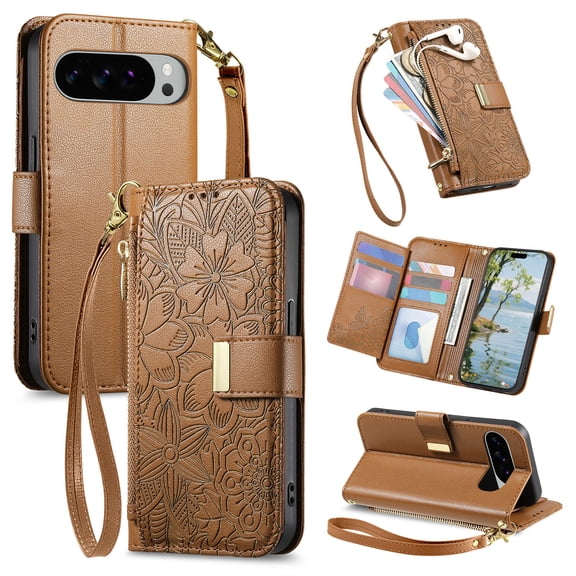 Lunvic Wallet Case for Google Pixel 10 Pro XL, Zipper Pocket PU Leather Embossed Floral Flip Folio Cover, Card Slots, Cash Pocket, Kickstand, Wrist Strap, Brown