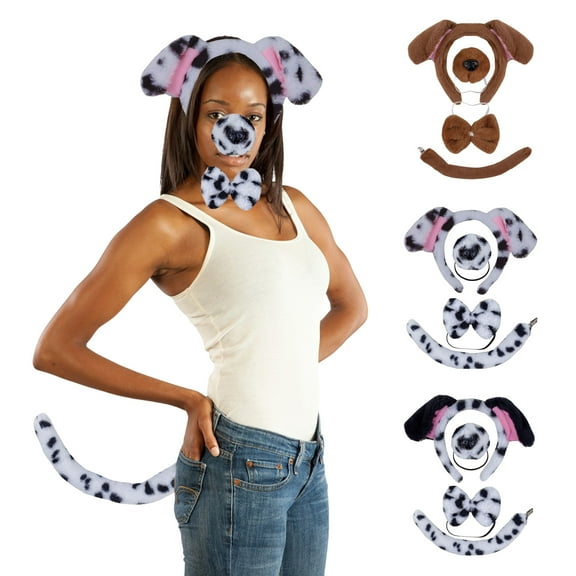 Dog Ears Hair Hoop Set - 2/3/4Pcs/Set Plush Cotton Filling Dog Nose Tail Bow Tie Cosplay Costume Party Gift