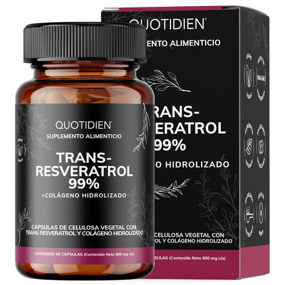 Quotidien | Trans Resveratrol 99% - 100% Puro Con Colágeno Hidrolizado Polvo Y Calcio - Vitaminas Mujer - 60 Cápsulas Veganas Vcaps