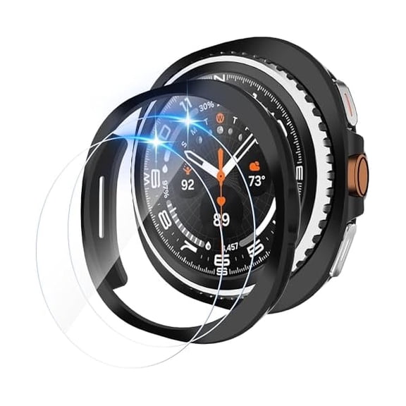 2 Pack Case with Screen Protector for Samsung Galaxy Watch 8 Classic 46mm, Screen Protector Case, Hard PC Bumper HD Anti-Fog Tempered Glass Protective Film, Overall Protective Cover, Black