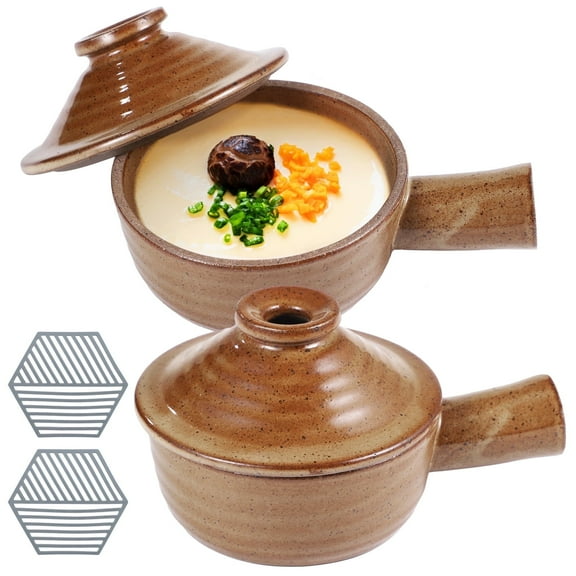2 Sets Egg Cookers, Ceramic Microwave Cookers with Heat-resistant Silicone Pads, Egg Poachers with Dome Lids & Hollow Handles, 12 oz Clay Bowls for Eggs, Soup, Oven & Dishwasher Safe