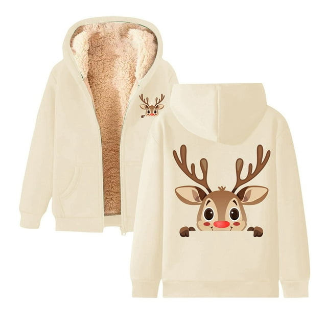 Women's Christmas Hoodie Plus Size Reindeer Pattern Drawstring Zipper Thick Jacket