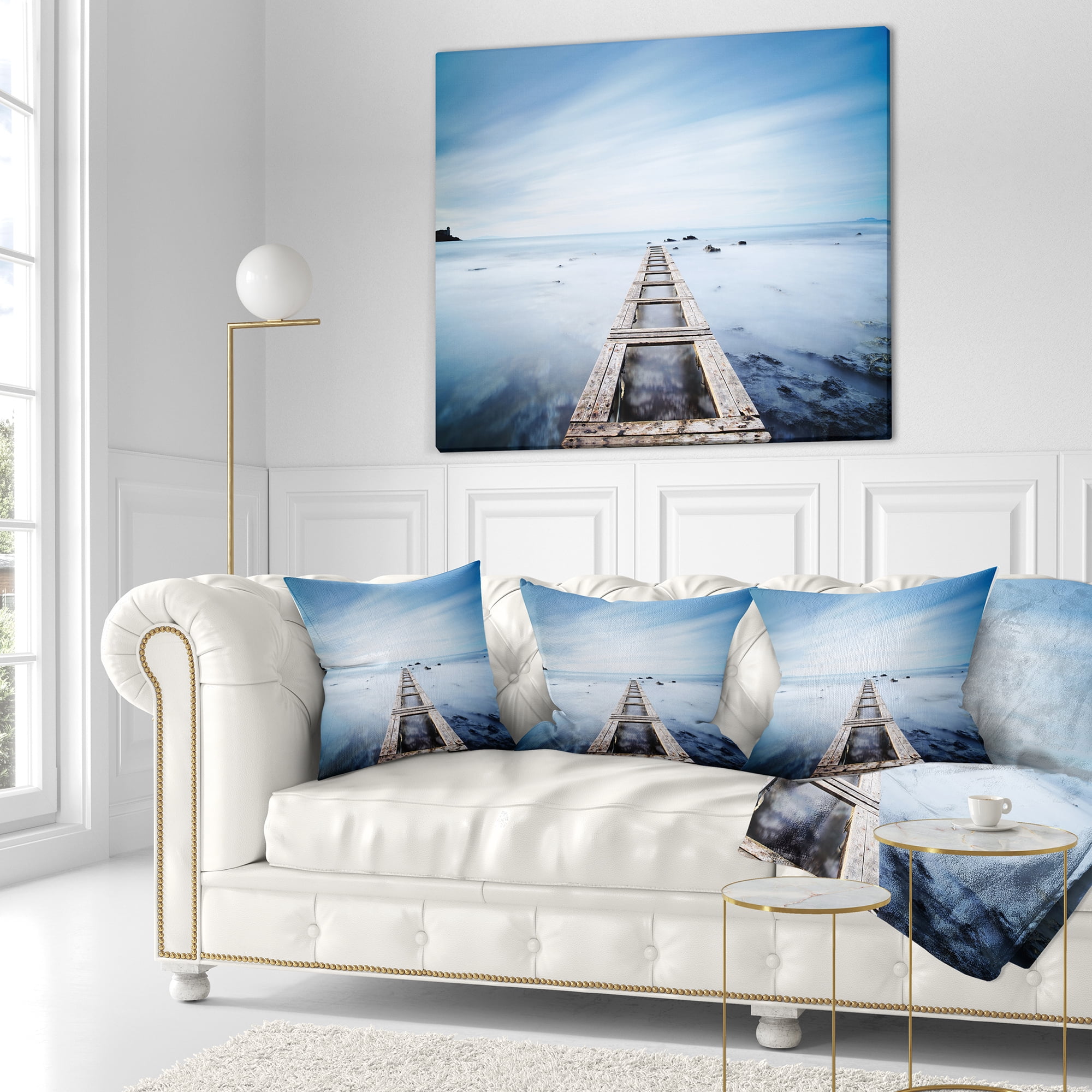Designart Wooden Jetty in Morning Blue Sea - Landscape Wall Throw Pillow - 16x16
