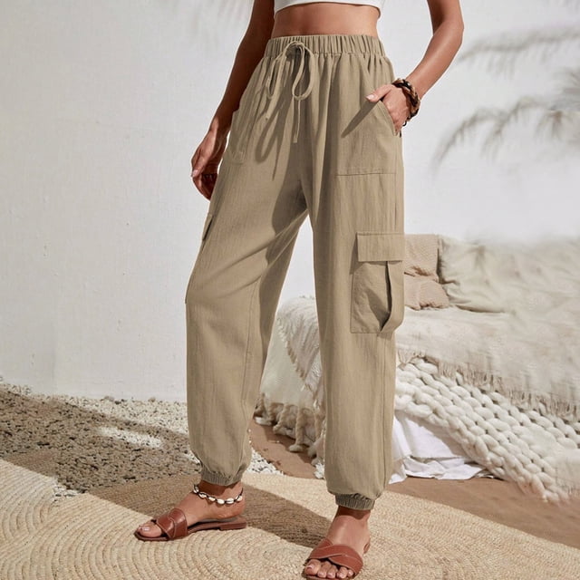 AherBiu Cargo Pants Women Solid Color Casual High Waisted Work Cinch Bottom Pants with Multiple Pockets