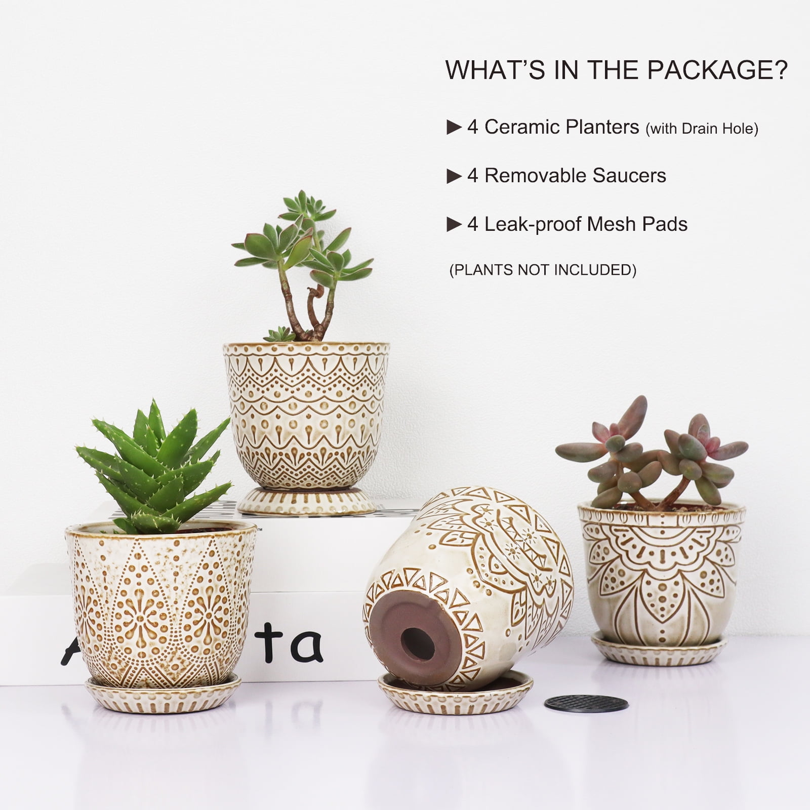 BESTSELER Succulent Pots, 4 Inch Small Indoor Ceramic Planter Pot with Drainage Holes and Saucers for Plants- Creamy White - Set of 4