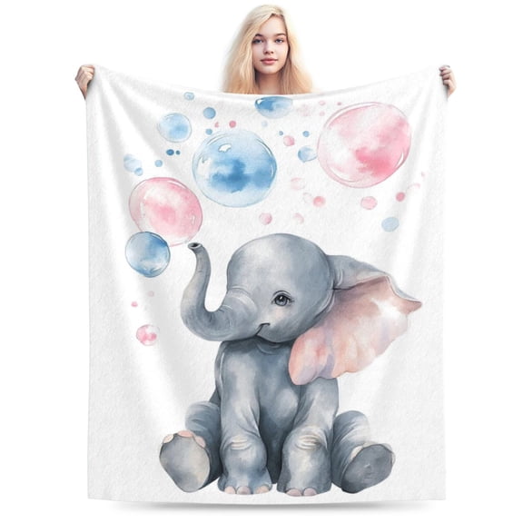 Whimsical Elephant Watercolor Bubble Throw Blanket, Soft Flannel Fleece Artistic Home Decor 50x40