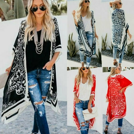 Womens Chiffon Shawl Print Kimono Cardigan Top Cover Up Blouse Beachwear