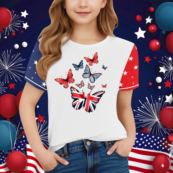 Fatuov Independence Day Girls Shirt Patriotic Short Sleeve Fourth of July Breathable T-Shirt for Children USA Flag Print Round Neck Summer T-Shirt 3-15 Years