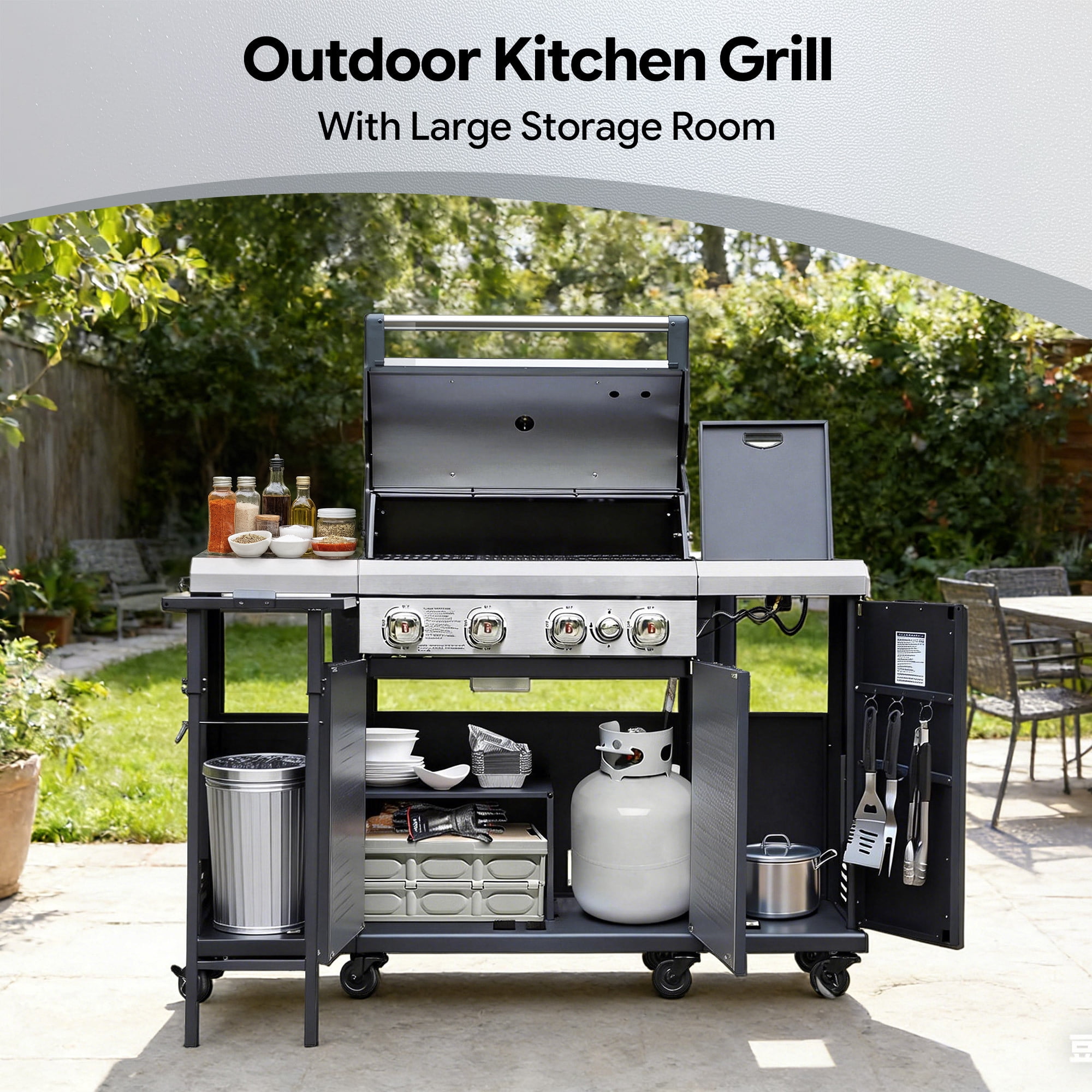 Brand Man 4-Burner Outdoor Gas Kitchen Grill Island with Side Burner, BBQ Station with Storage Cabinets and Fold-out Prep Table, LPG/NG Convertible