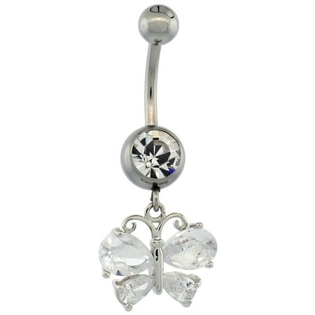 - Surgical Steel Barbell Butterfly Belly Button Ring w/ Crystals, 7/8 inch