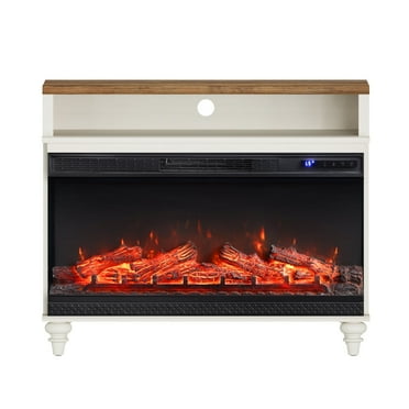 WAMPAT 3-Sided Farmhouse Fireplace TV Stand for TVs up to 43'', Highboy Entertainment Center with 36'' Glass Electric Fireplace, Small Media Console Table with Storage for Living Room, White