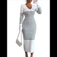 thumbnail image 1 of Vestido de Suéter A Rayas con Cuello en V para Mujer, Larga, Ajustado, Midi. L, 1 of 7