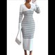 thumbnail image 1 of Vestido de Suéter A Rayas con Cuello en V para Mujer, Larga, Ajustado, Midi. M, 1 of 7