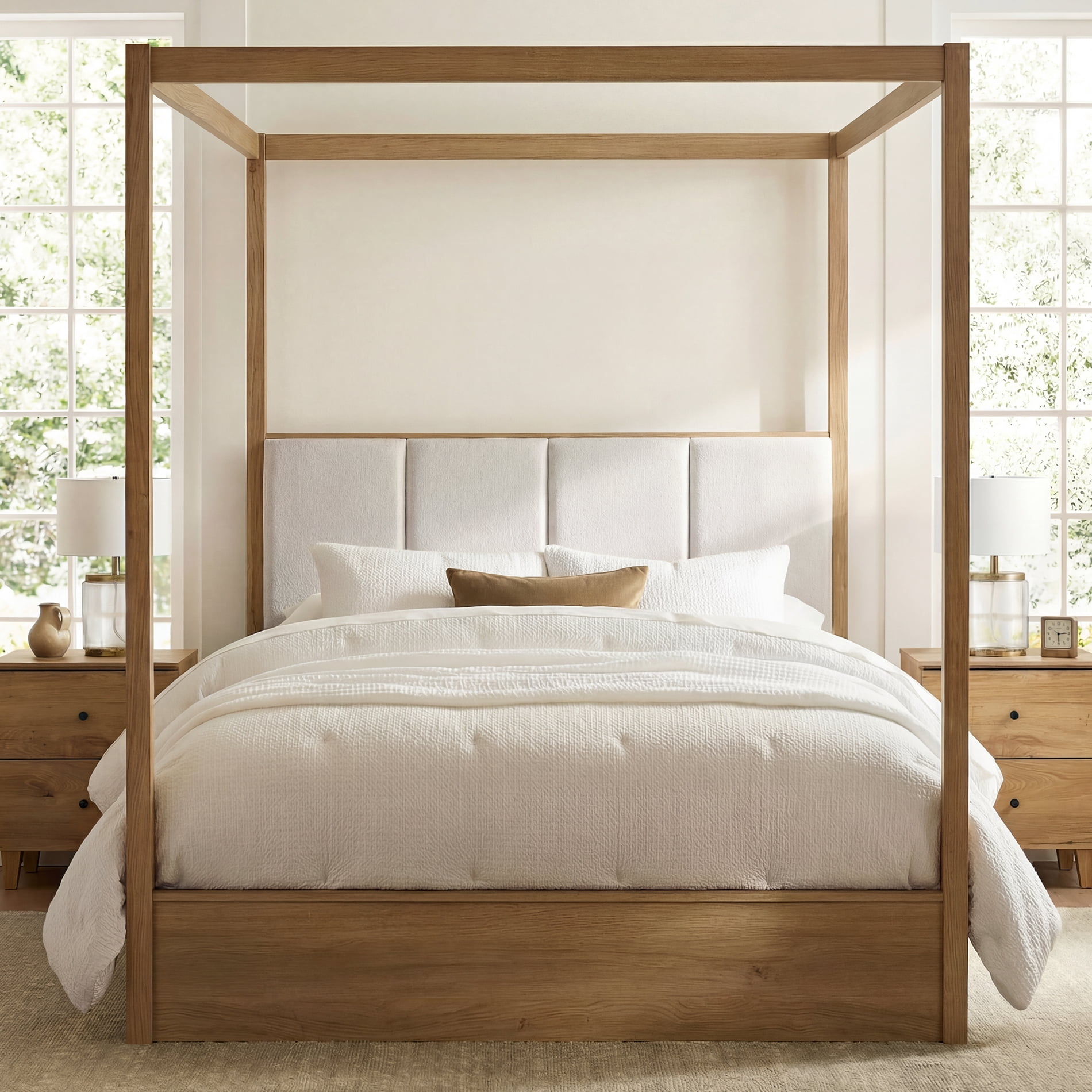 WAMPAT Queen Size Canopy Solid Wood Bed Frame with Upholstered Headboard, No Box Spring Needed, Mid-Century Modern 4 Poster Bed for Bedroom, Dark Brown Wood