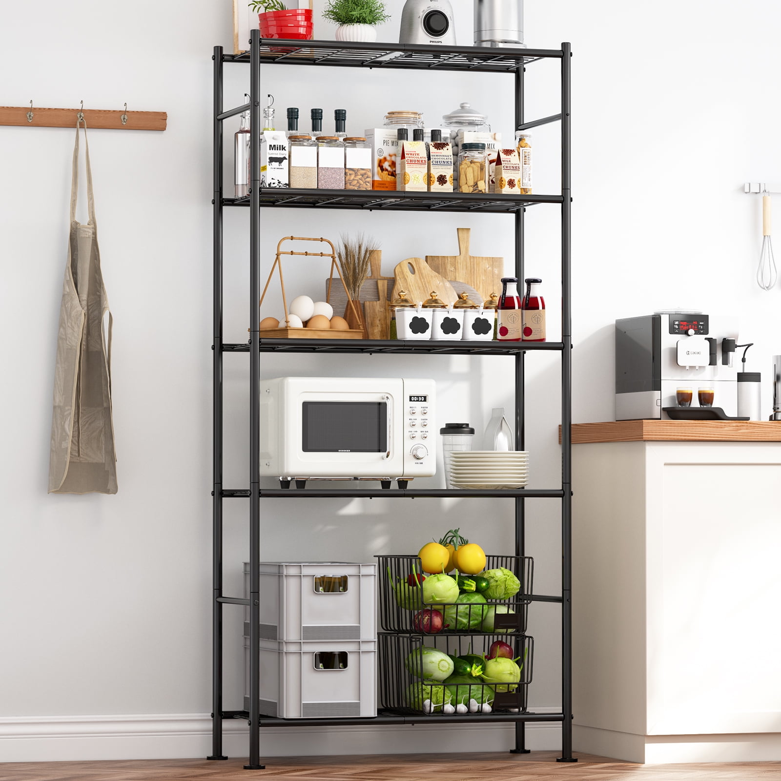Sakugi Storage Shelves, 5-Tier Heavy-Duty Metal Organizer Rack, Adjustable Garage Shelf with Leveling Feet, Black,  33.1" W x 12" D x 71" H