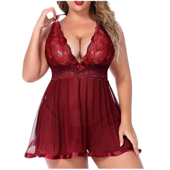QSAWXQZ Women's Valentine's Plus Size Lingerie Lace Babydoll Chemise Mesh Sleeveless V Neck 2 Piece Sleepwear Nightgown with G String Wine 3XL