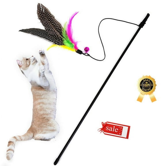 Fridja Feather Teaser Cat Toy - 1 Pcs Retractable Cat Toys Wand Assorted Feathers Birds Worms Catcher with Bell, Interactive Teaser and Funny Exercise for Kitten Cats