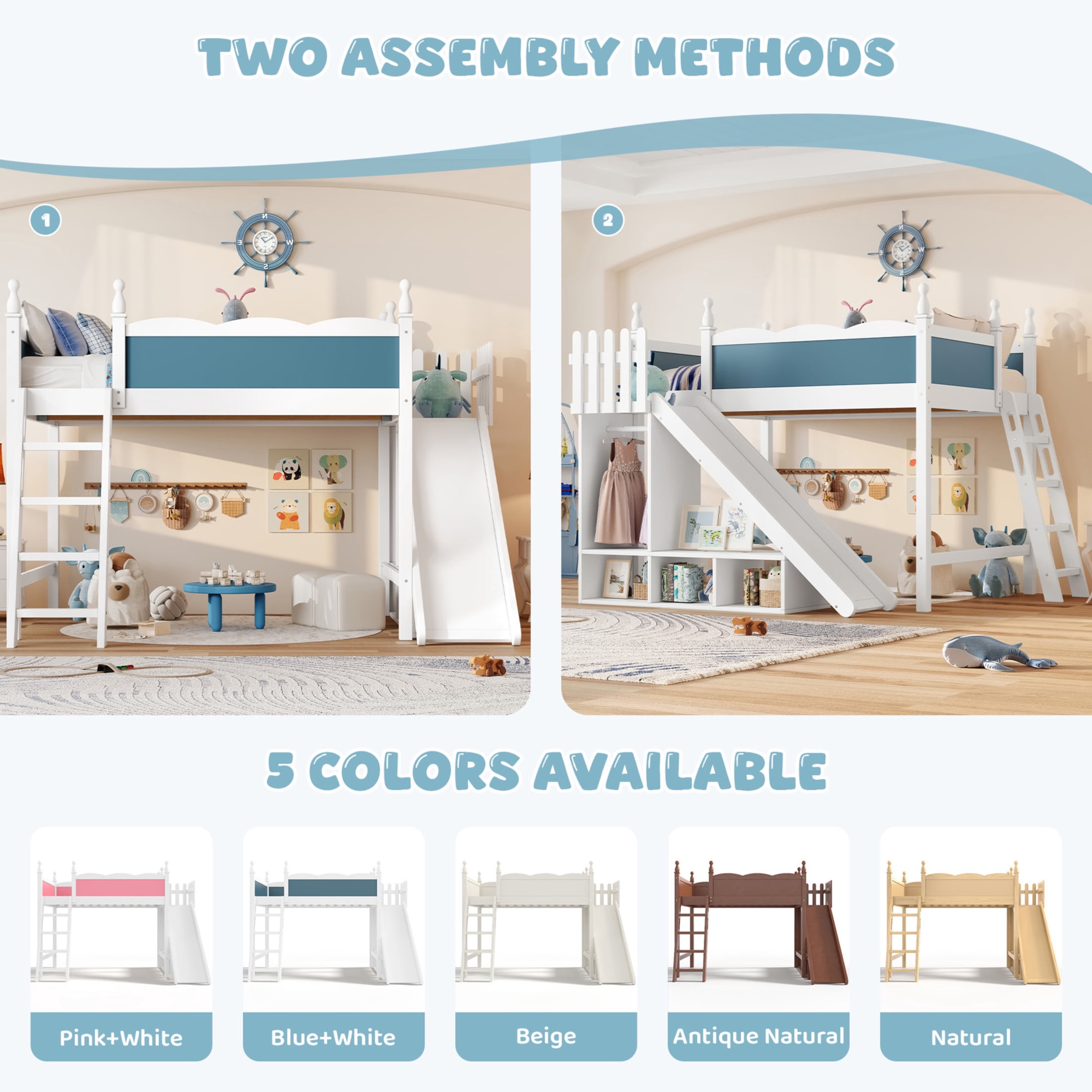 Noble House Twin Loft Bed with Storage Shelves, Detachable Slide and Ladder, White + Blue