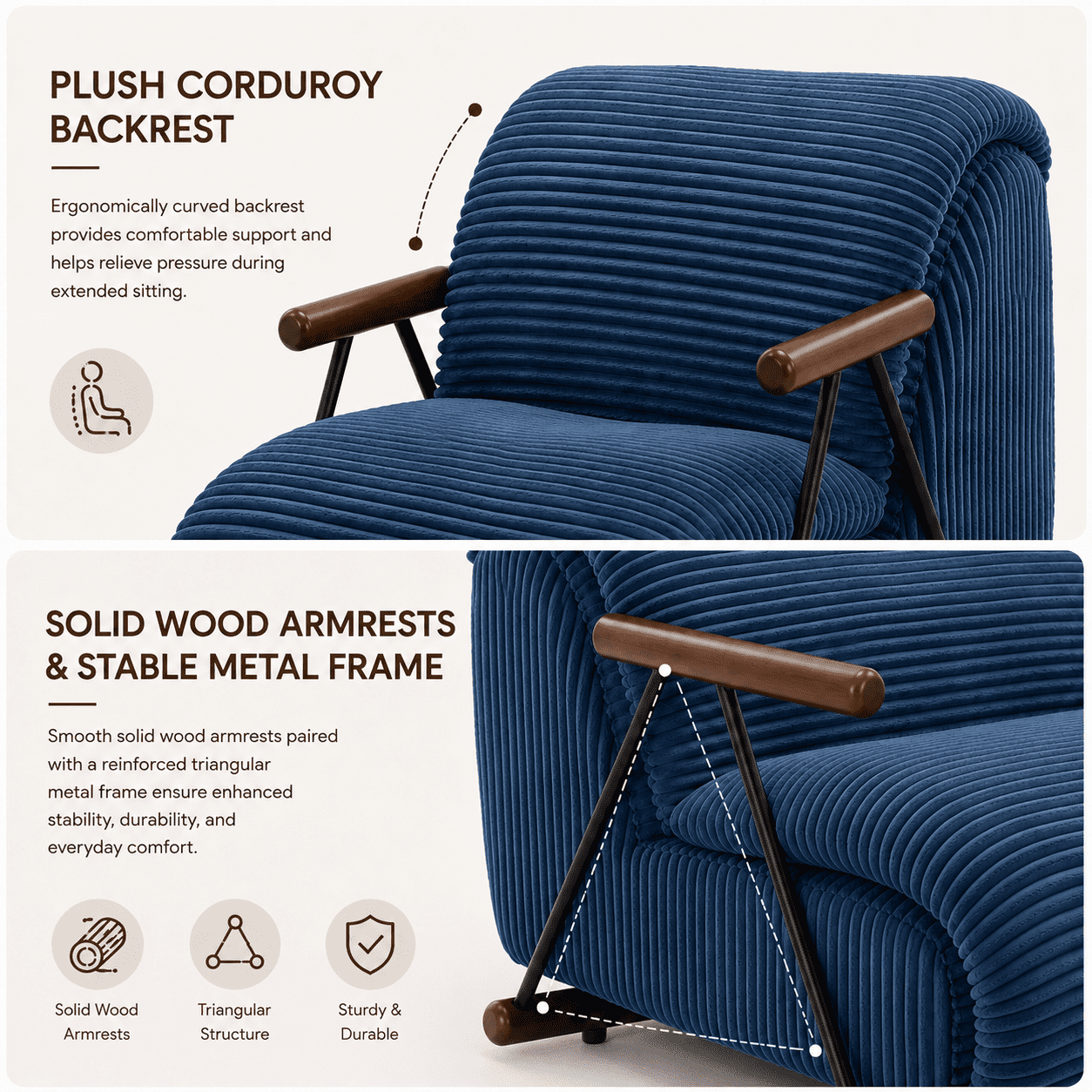 MOONMISS Corduroy Accent Chair, Upholstered Lounge Armchair with Solid Wood Armrests & Minimalist Metal Frame for Living Room, Bedroom,Navy Blue