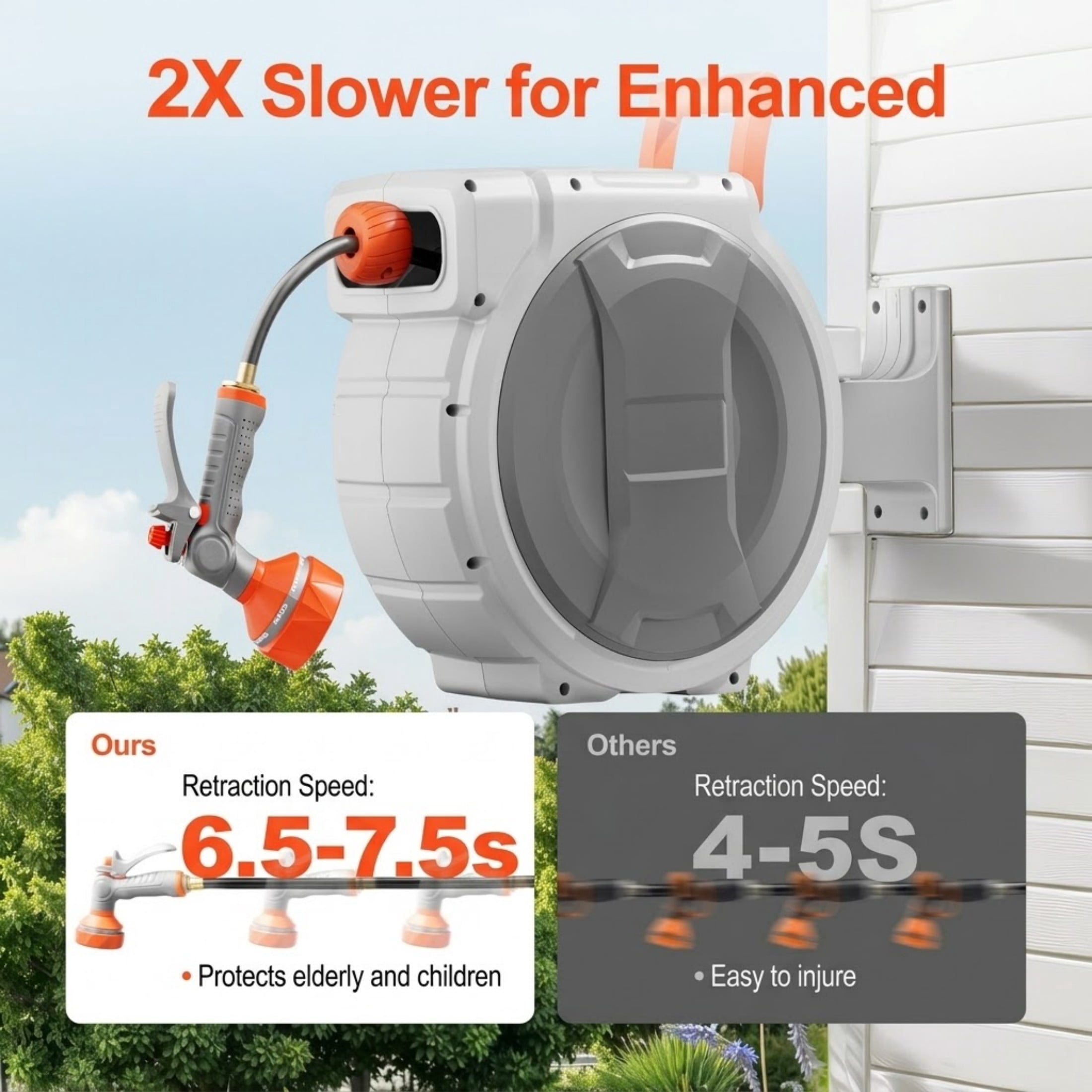 Wall Mounted Retractable Hose Reel with 180° Swivel, 65ft x 1/2" Hose and 9-Pattern Nozzle