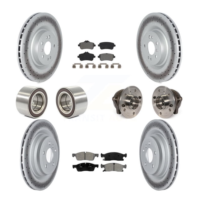 Transit Auto Front Rear Wheel Hub Bearing Assembly Coated Disc Brake Rotors and Semi-Metallic Pads Shoes Kit (10Pc) for Car 2016-2017 Mercedes-Benz GLE400 with AMG Package - Left Right Side KBB-122810