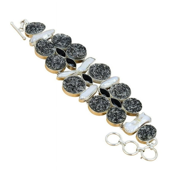 Black Titanium Druzy & Pearl Bracelet 925 Sterling Silver | Handcrafted Natural Gemstone Jewelry for Women