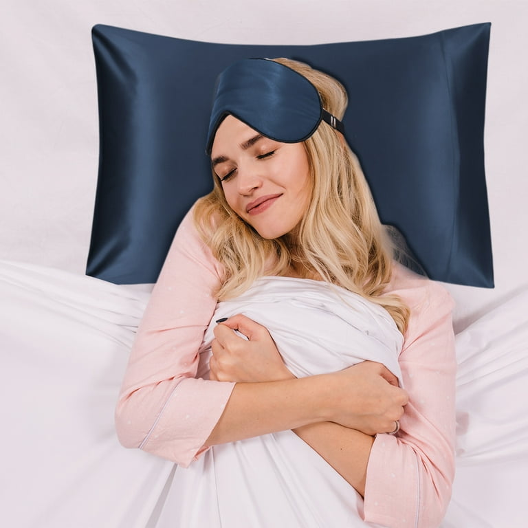 PiccoCasa Silk Pillowcase with Eye Mask for Hair Skin Navy Blue Queen 20
